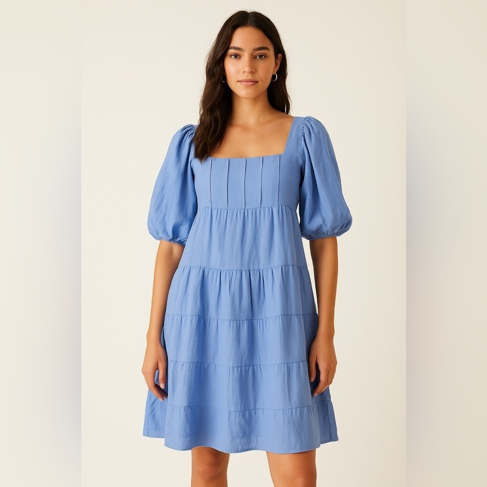 Anthropologie Blue Midi Sundress with Puff Sleeves and Square Neck 🦋